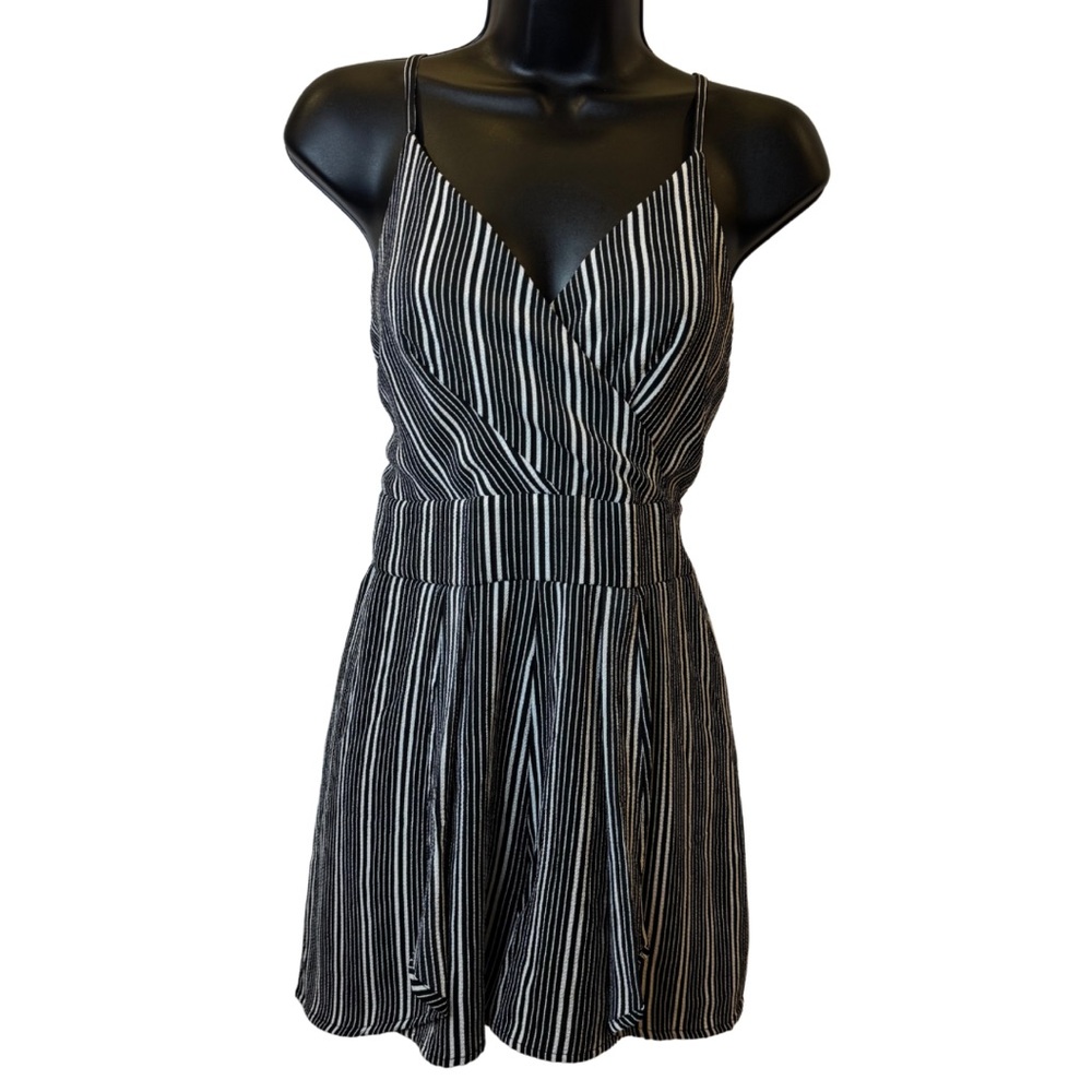 ‘Purple Snow’ black and white striped romper with wrap skirt detail - size L